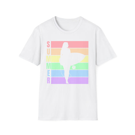 Summer Surf Silhouette T-Shirt — Pastel Rainbow Beach Tee