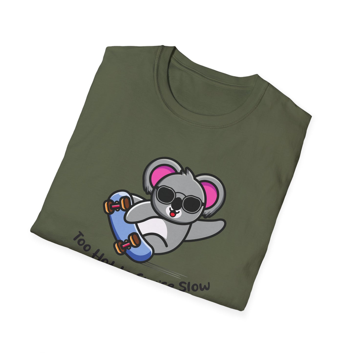 Koala Skateboard T‑Shirt — "Too Hot to Cruise Slow" Cute Skateboarder Graphic Tee