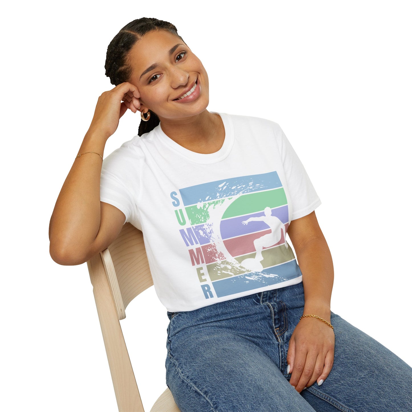Summer Surf T-Shirt — Retro Stripes & Surfer Graphic