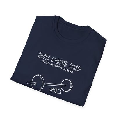 Funny Gym T-Shirt - "One More Rep (Then Maybe a Snack)" Barbell Fitness Tee